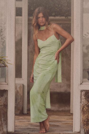 Zara TULLE MIDI DRESS WITH SCARF - Greens