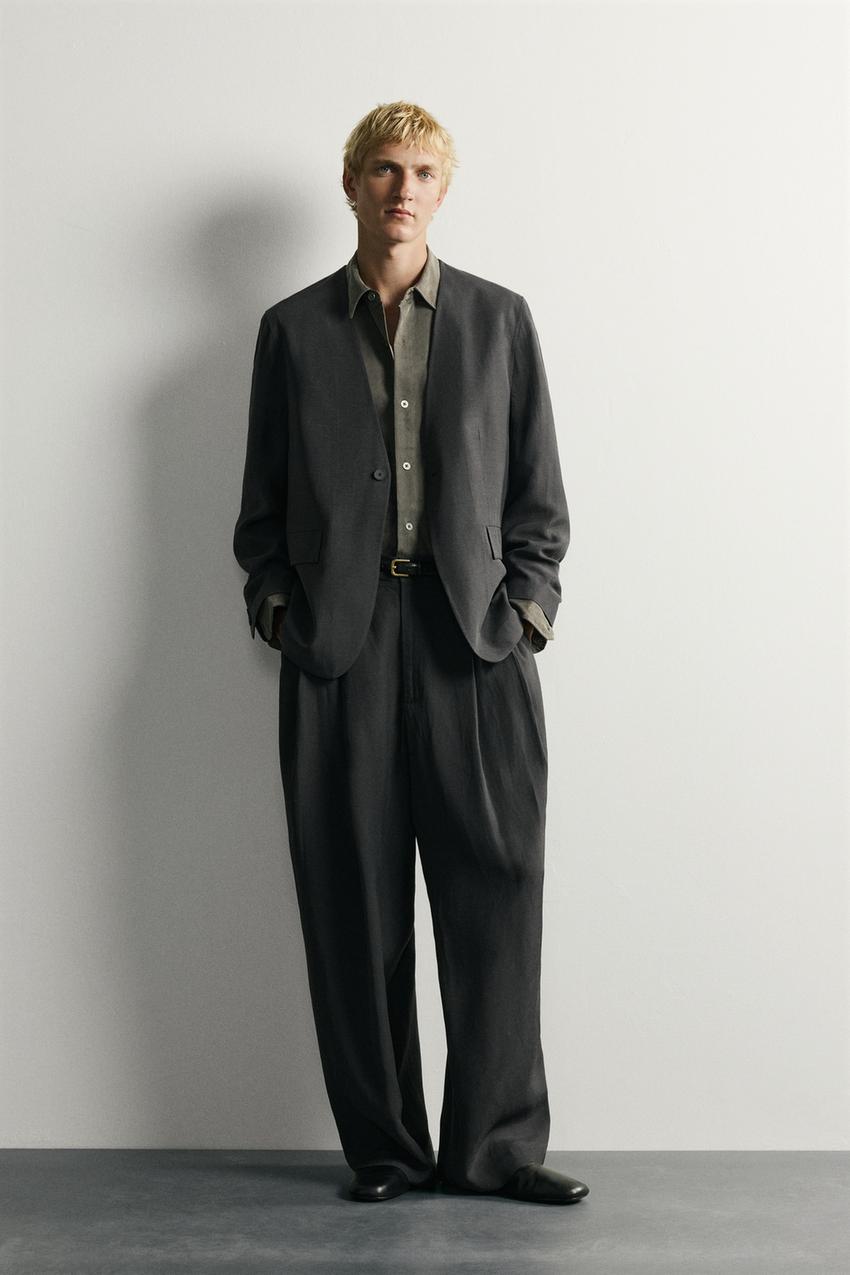 wide leg dress pants men Men's Relaxed Fit Pleated Pocket - Grey - W28" - Luca 34x32 is 34 waist with 32 inseam. Zara - Relaxed Fit Wide