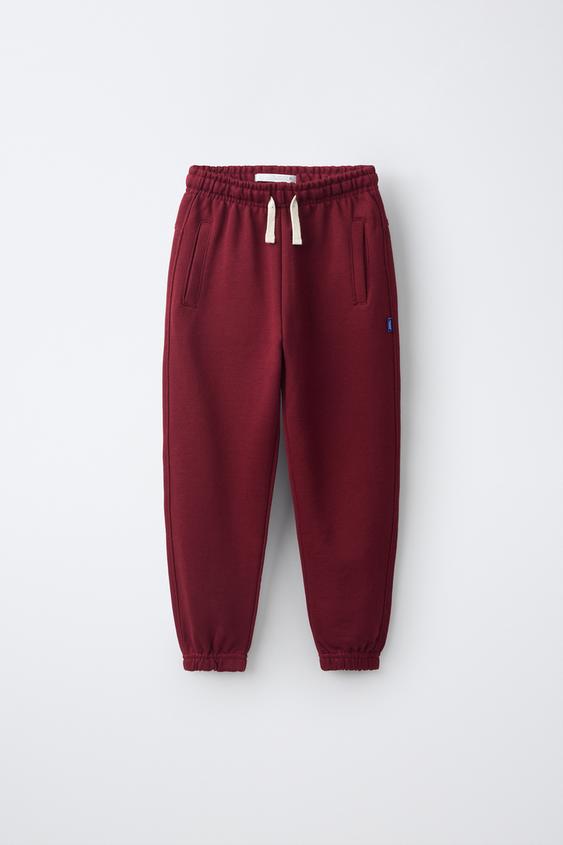 Zara SOLID FLEECE JOGGERS WITH LABEL - Maroon - Image 0