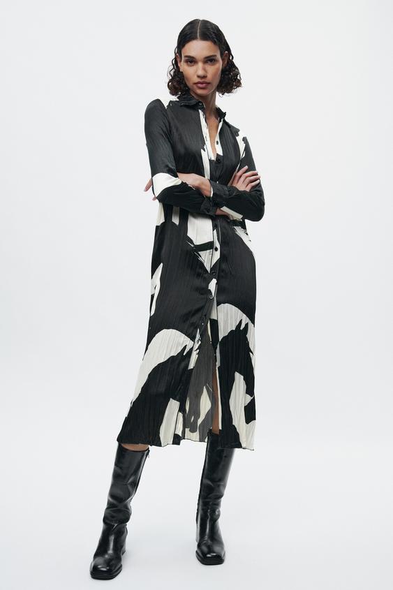ZW COLLECTION PRINT SHIRT DRESS Black / Ecru ZARA New Zealand
