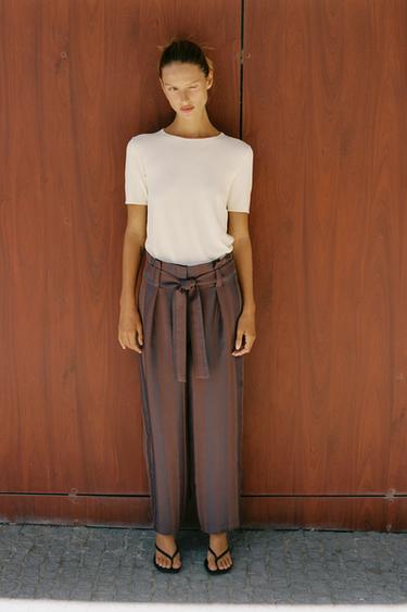 Zara STRIPED BELTED PAPERBAG TROUSERS - Brown - Image 0