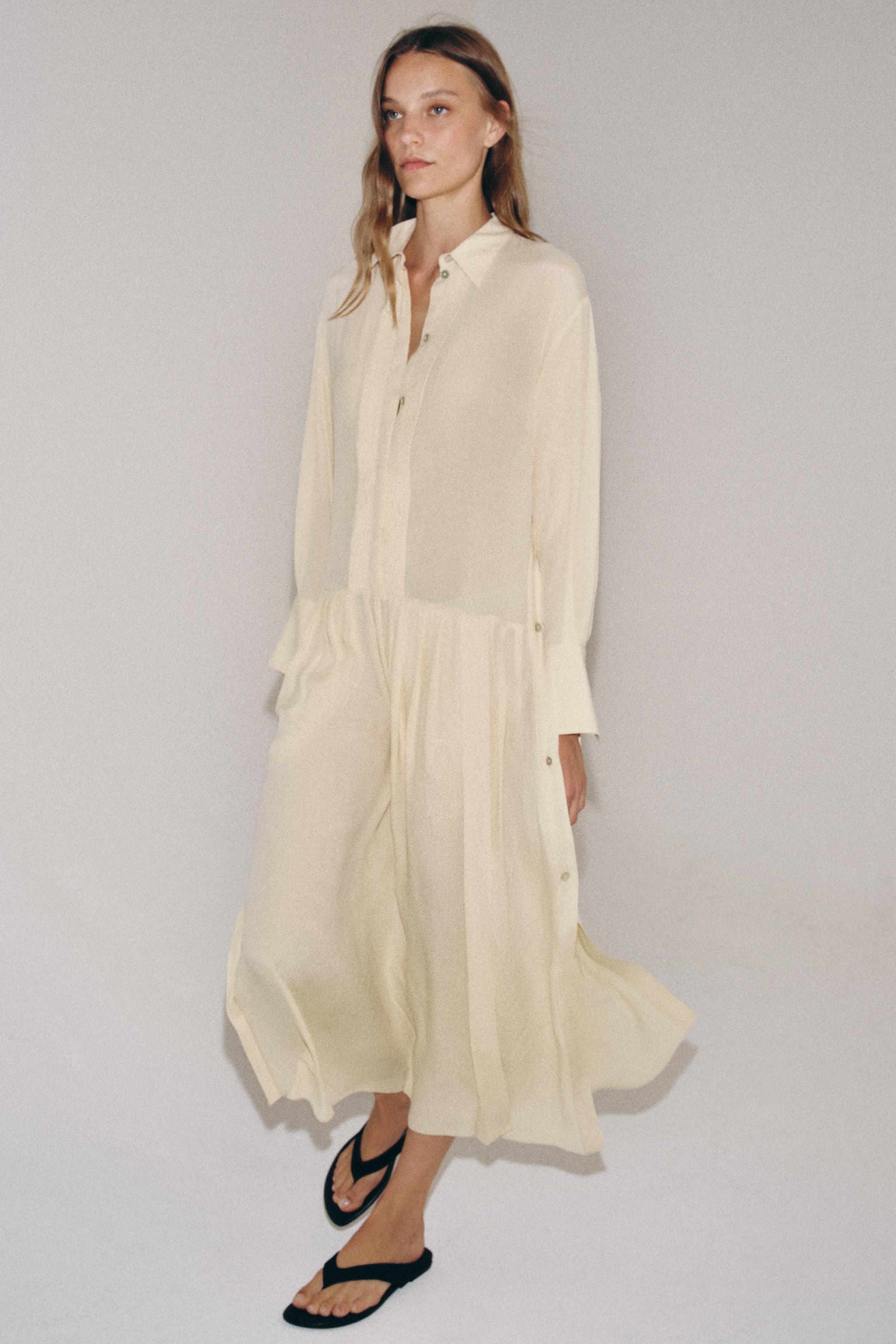 ＜6(ROKU)＞ CUPRA DRESS LONG SLEEVE SHIRT ZW COLLECTION FLOWY SHIRT DRESS - Beige | ZARA Canada
