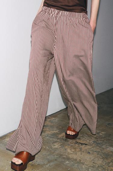 FLIESSENDE GESTREIFTE HOSE ZW COLLECTION - Cremefarben / Granatrot von Zara