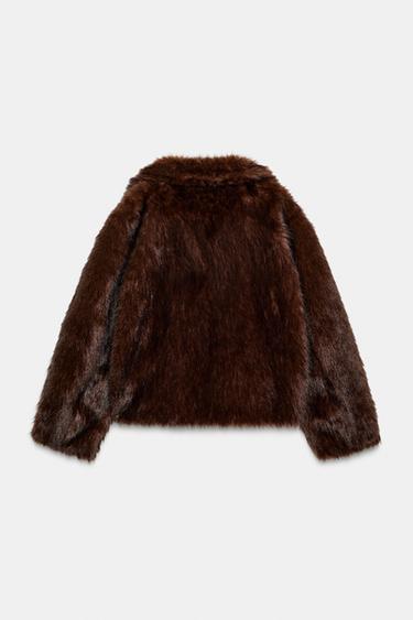 Zara REVERSIBLE DOUBLE FACED FAUX FUR JACKET - Dark brown