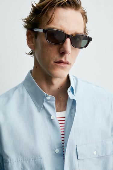 Zara REGULAR FIT FLOWY POCKET SHIRT AARON LEVINE X ZARA - Light sky blue
