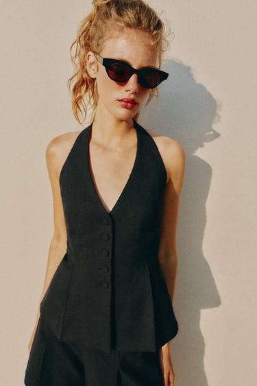 Zara COVERED BUTTON HALTER VEST TOP - Black