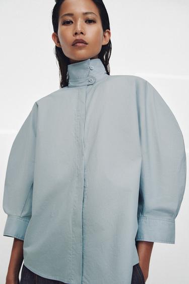 Zara ZW COLLECTION PUFF SLEEVE SHIRT - Blue / Gray