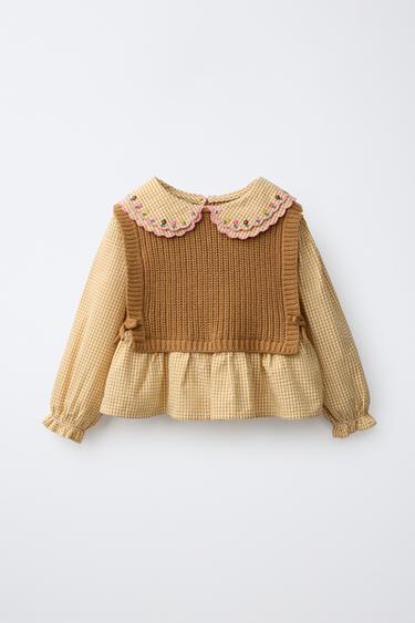 CHALECO PUNTO COMBINADO CAMISA BORDADA - Mostaza de Zara - Imagen 0