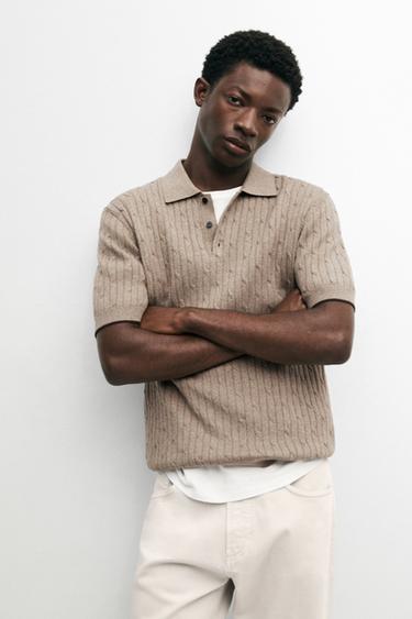 Zara Cotton blend cable-knit polo sweater - GREENISH