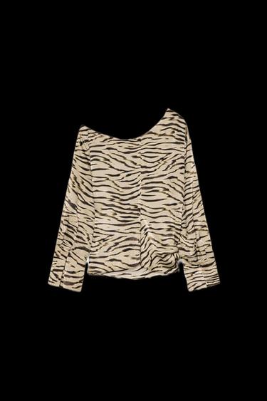 Zara ANIMAL PRINT ASYMMETRIC TOP - Light khaki