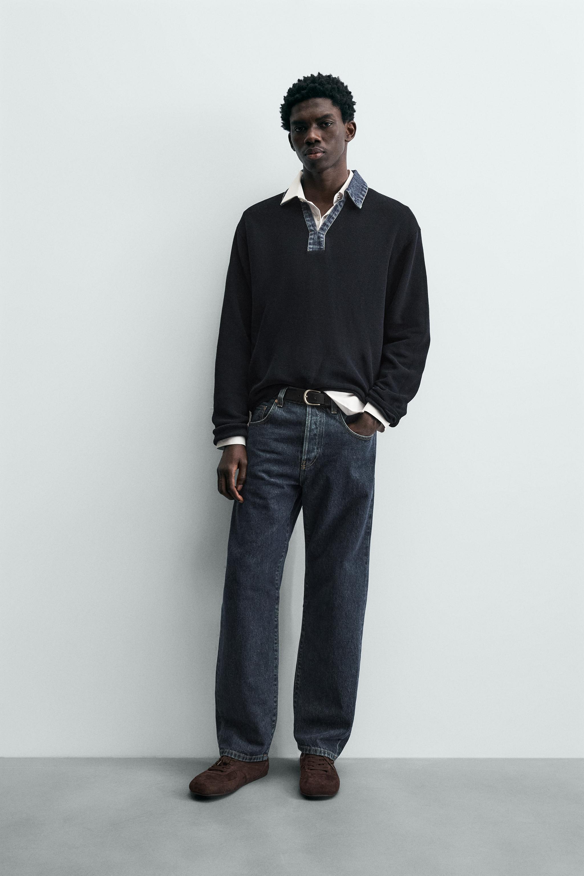 DENIM COLLAR COMBINATION KNIT POLO SHIRT - Navy blue | ZARA South