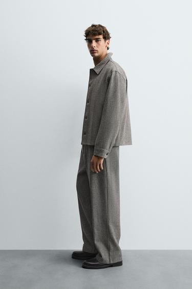 Zara BELTED HERRINGBONE PANTS - Gray