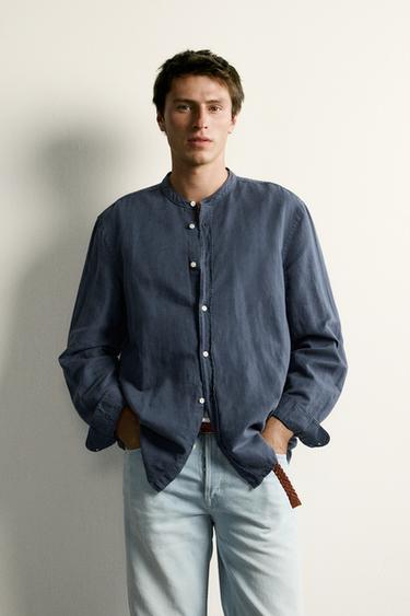 قميص relaxed fit كتان - قطن - أزرق غامق by Zara