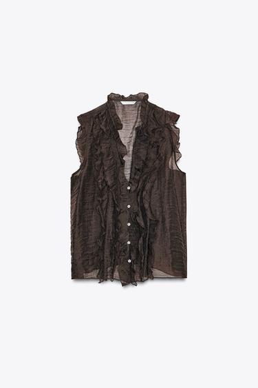 SEMI-SHEER RUFFLED TOP - Brown by Zara - Image 0