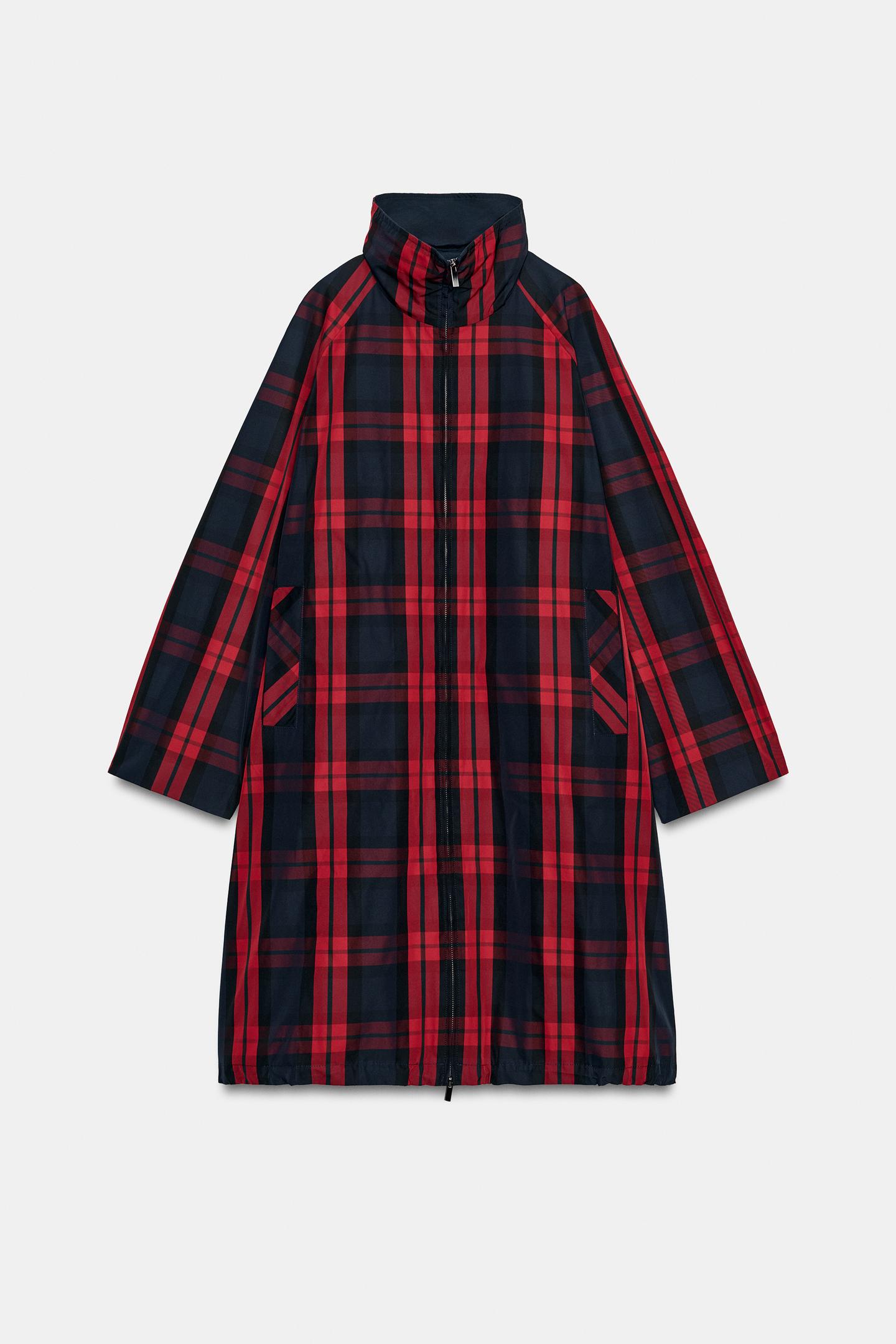 Женское пальто Zara ZW Collection MIDI Plaid Trench, цвет: Красный / Тёмно-синий — фото 8