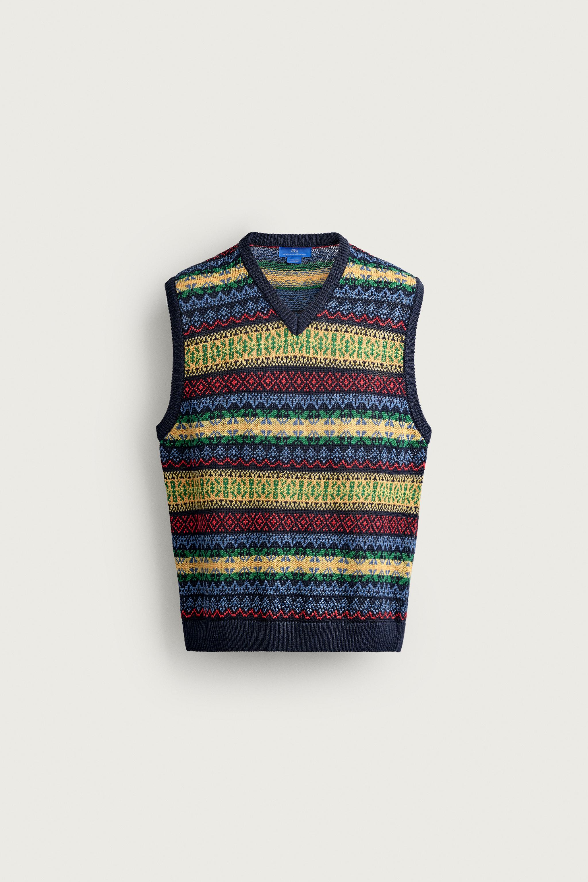 AARON LEVINE X ZARA 100% LINEN GEOMETRIC JACQUARD KNIT VEST — Navy blue