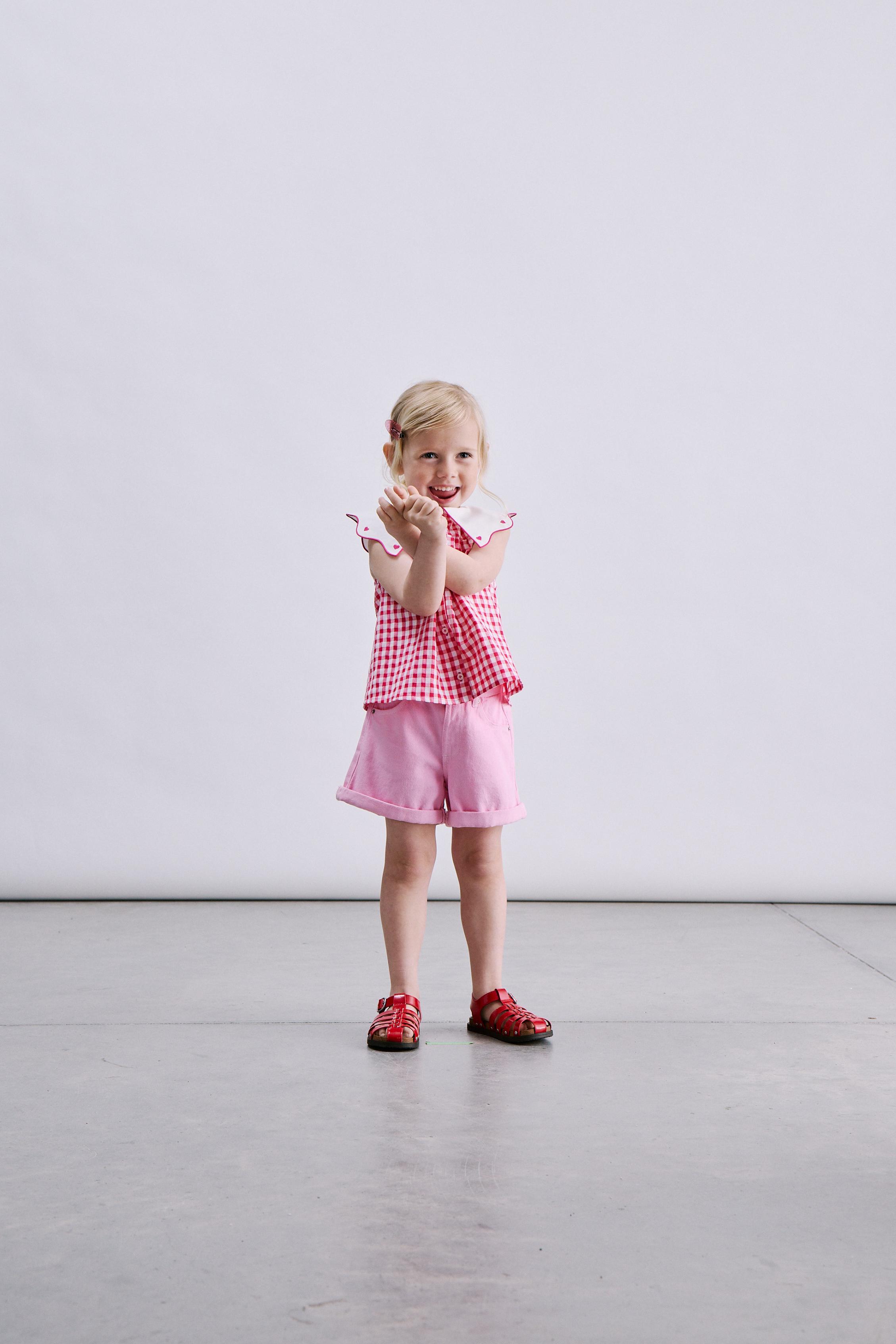 EMBROIDERED COLLAR GINGHAM SHIRT — Dark pink