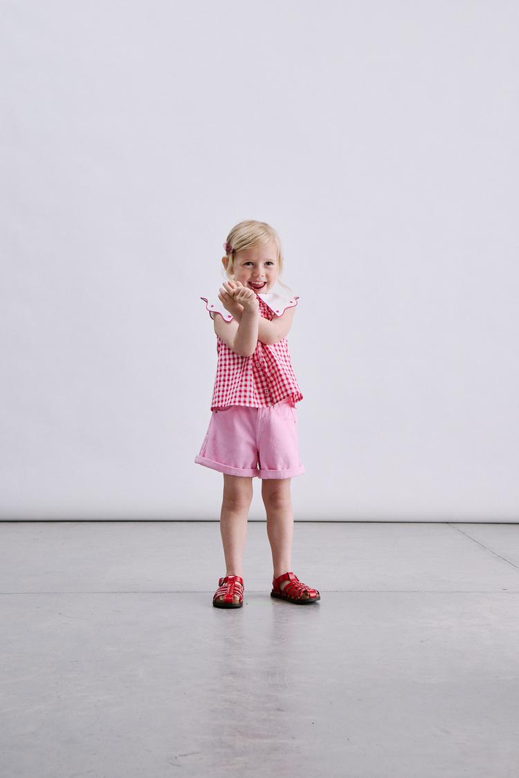 EMBROIDERED COLLAR GINGHAM SHIRT — Dark pink
