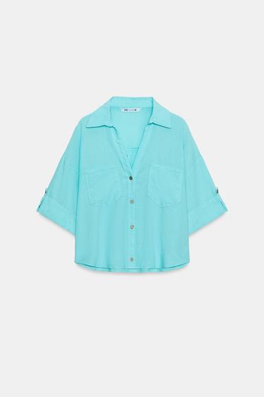 CAMISA CORTA CON LINO - Turquesa de Zara - Imagen 0