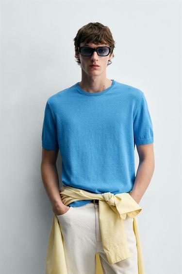 COTTON BLEND KNIT T-SHIRT - Blue by Zara