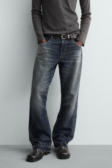 JEANS FLARE FIT BERSTRUKTUR - Navy / Putih dari Zara