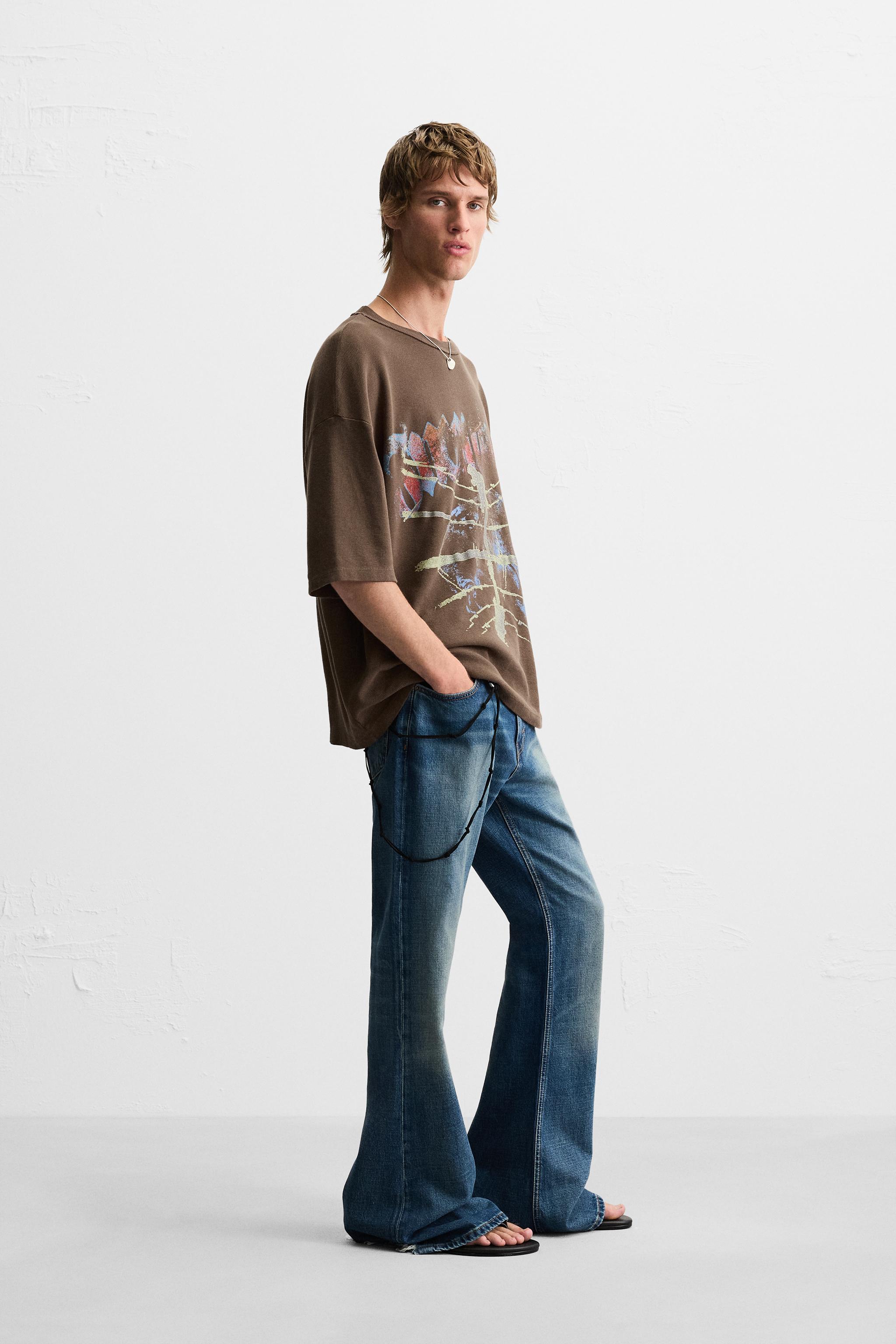 【ZARA】ウォッシュ加工プリントニットＴシャツ4805/435/428 ウォッシュ加工プリントニットTシャツ - ブルー/グレー | ZARA