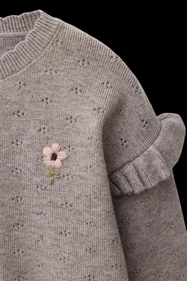 Zara FLORAL EMBROIDERED KNIT SWEATER - Taupe gray