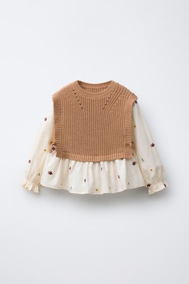 FLORAL EMBROIDERY SHIRT WITH KNITTED VEST - camel by Zara - Image 0