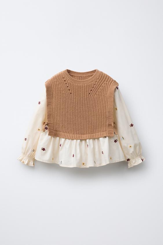 FLORAL EMBROIDERY SHIRT WITH KNIT VEST