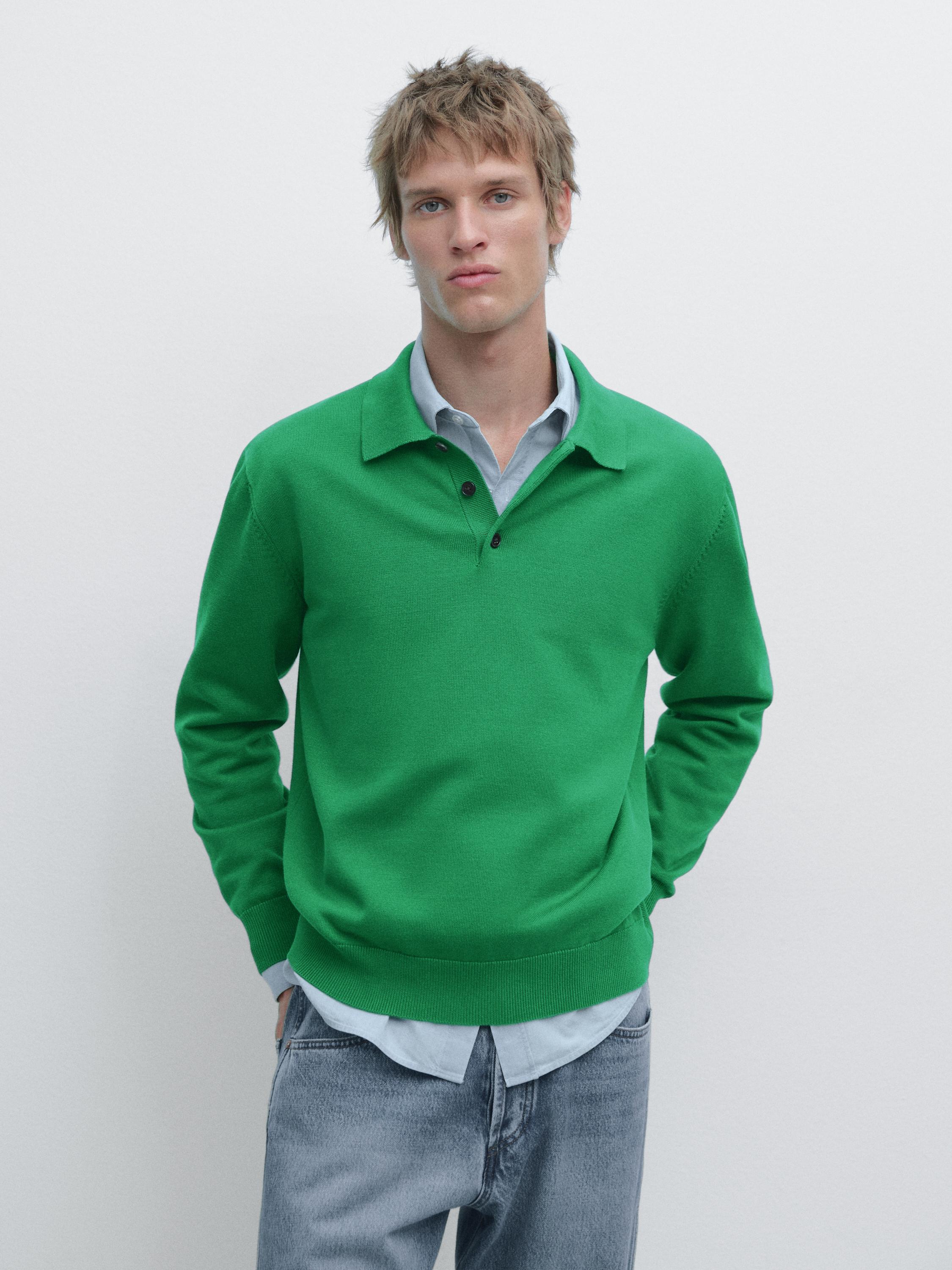 Cotton knit polo collar sweater