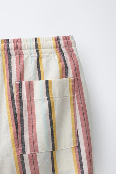 PANTALON BAGGY À RAYURES EN COTON ET LIN - Multicolore de Zara - Image 3