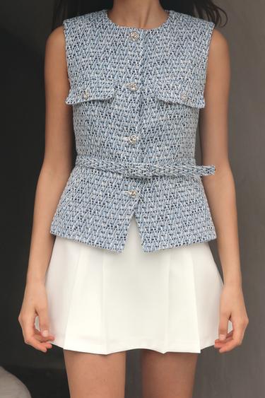 Zara TEXTURED METALLIC THREAD BELTED VEST - White / Sky blue