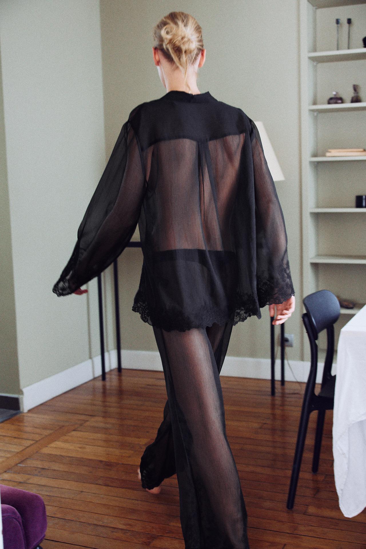 SEMI-SHEER EMBROIDERED BLOUSE — Black