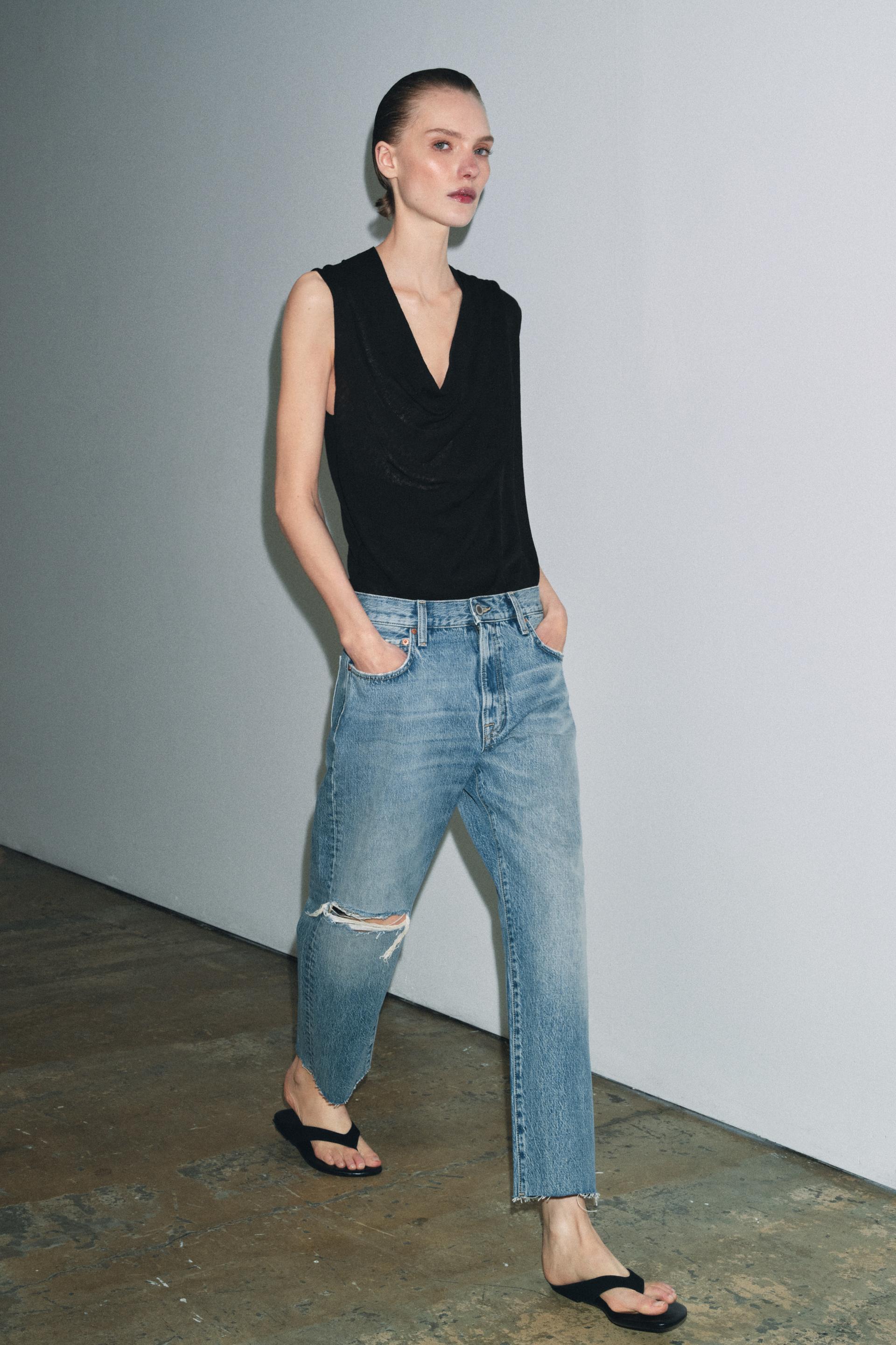 Zw Collection Mid-Rise Ripped Straight-Leg Jeans