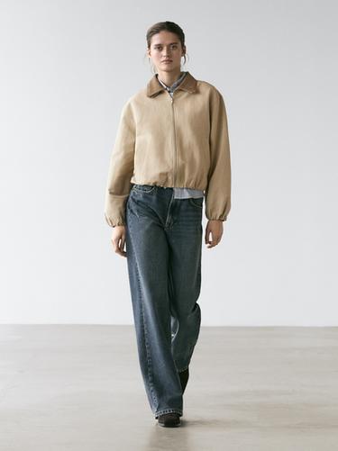 Zara Short suede leather jacket with collar detail - Ecru