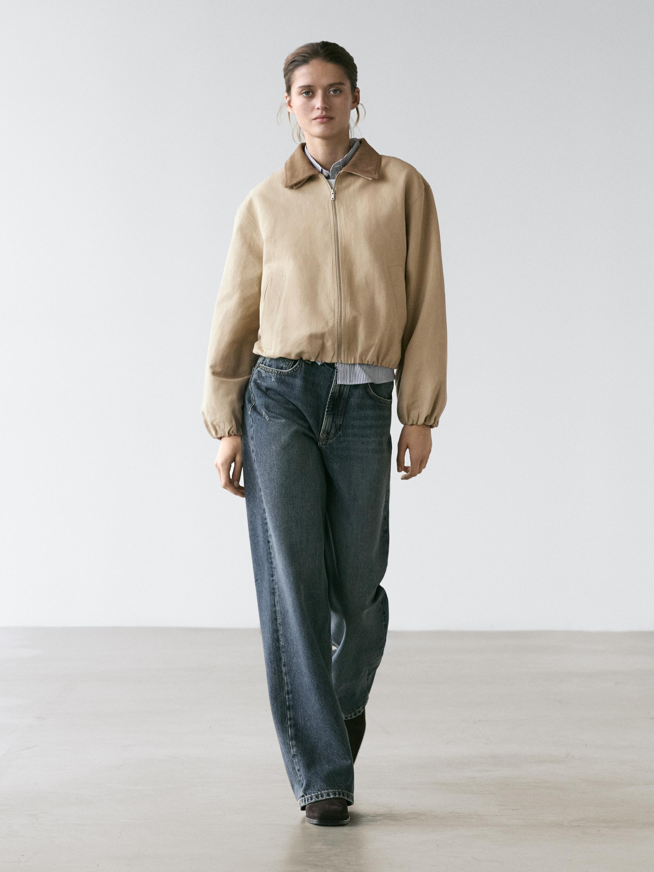 Veste courte à col contrastant en cuir finition daim