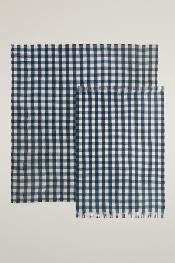 CHECK AND FRINGE BLANKET - أزرق الخاص بـ Zara - صورة 0