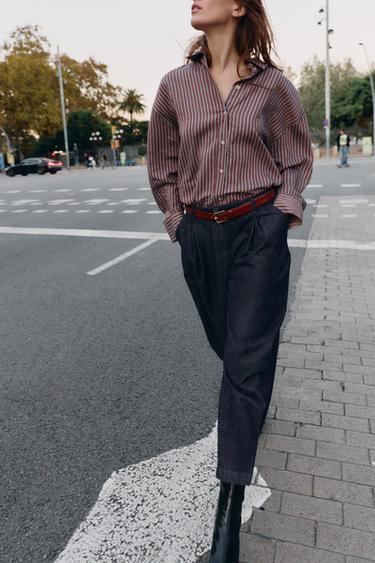 Zara OVERSIZED STRIPED POPLIN SHIRT - Brown-Blue