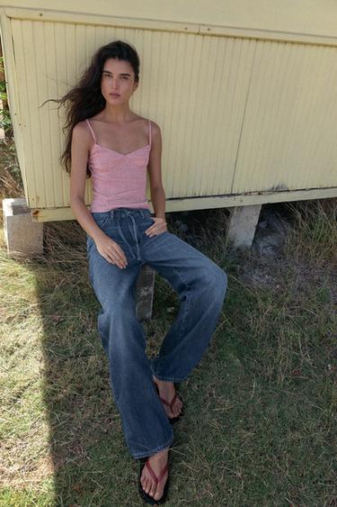 جينز دينم TRF بقصة مريحة بخصر متوسط - بحري by Zara