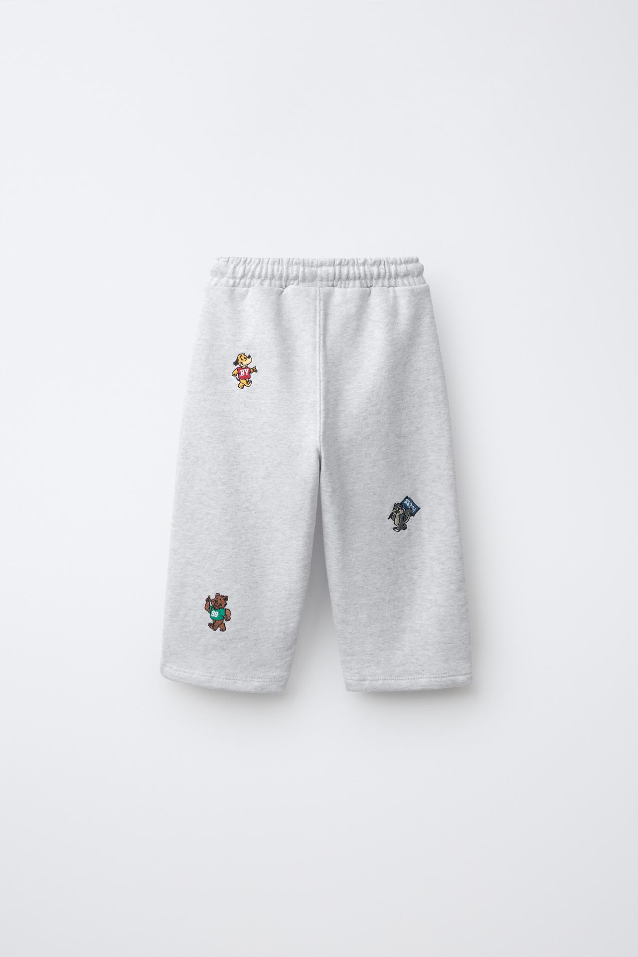 EMBROIDERED ANIMAL PLUSH JOGGERS — Gray marl