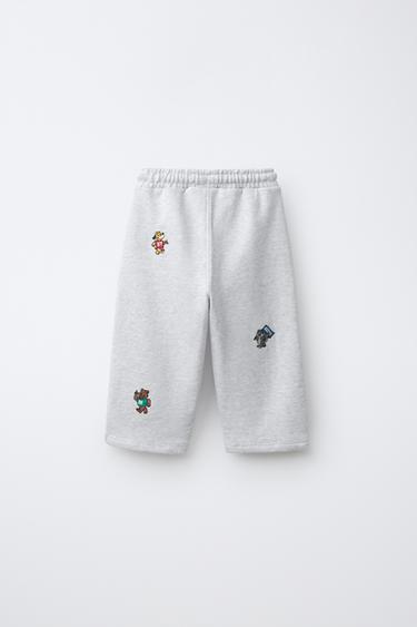 EMBROIDERED ANIMAL PLUSH JOGGERS — Gray marl 2
