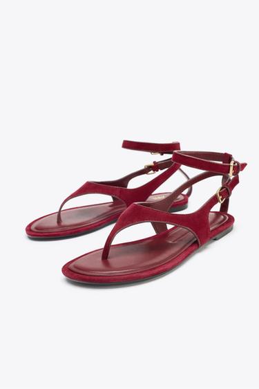 SPLIT SUEDE FLAT TOE POST SANDALS - Red by Zara - Image 2