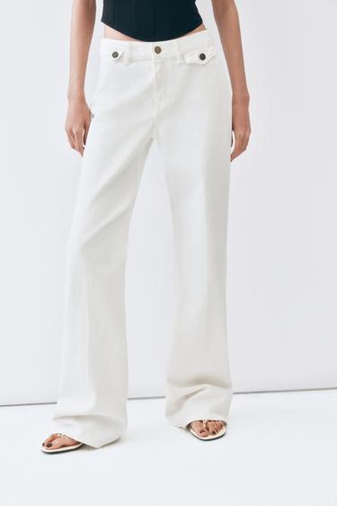 Zara ZW 系列高腰喇叭牛仔褲 - 白色