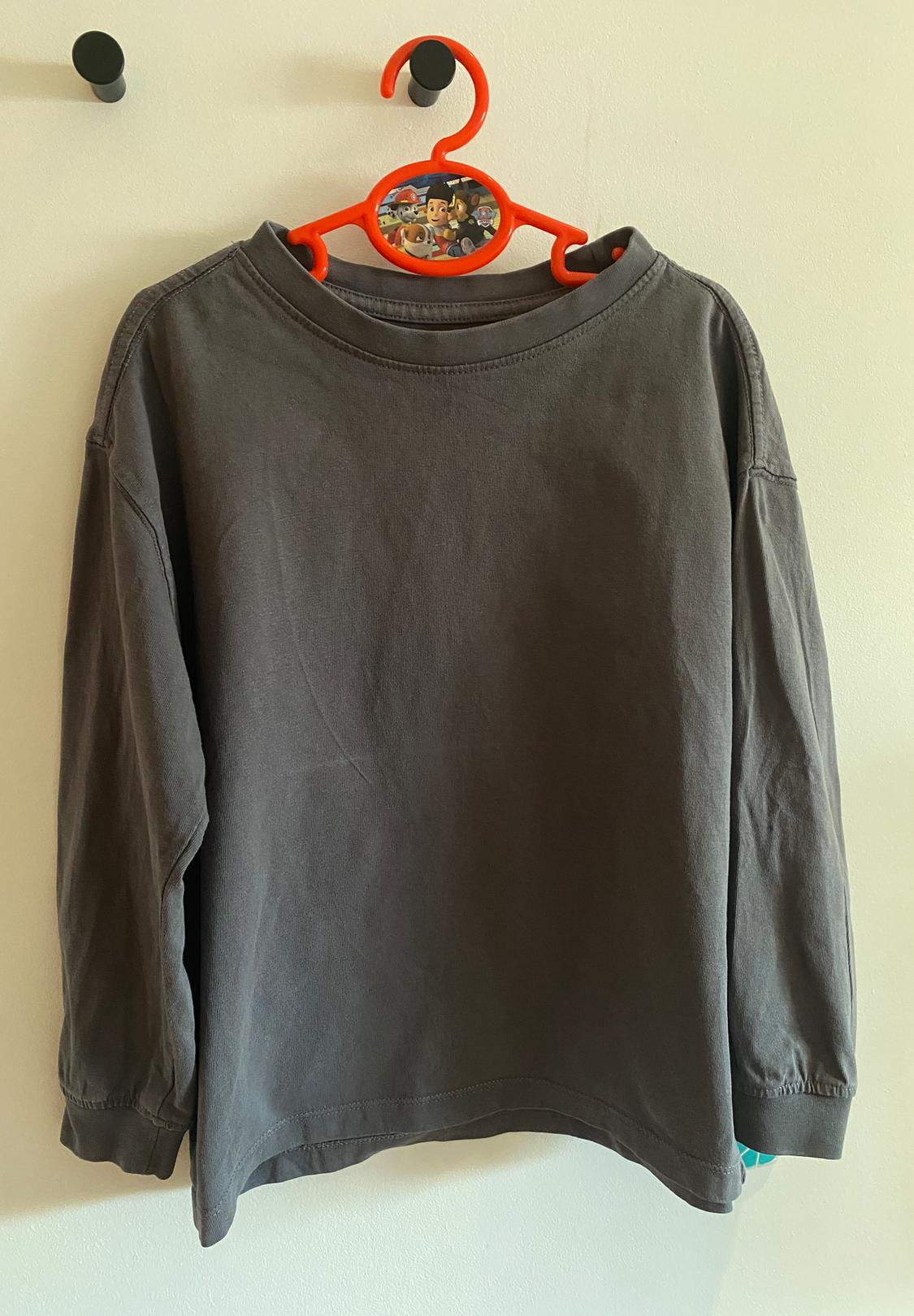 Grey long-sleeved T-shirt hanging on a red hanger with animated characters, against a white wall.