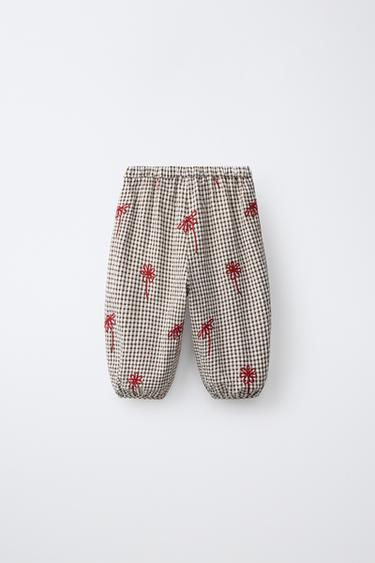 EMBROIDERED FLORAL GINGHAM BLOOMER PANTS — Chocolate 2