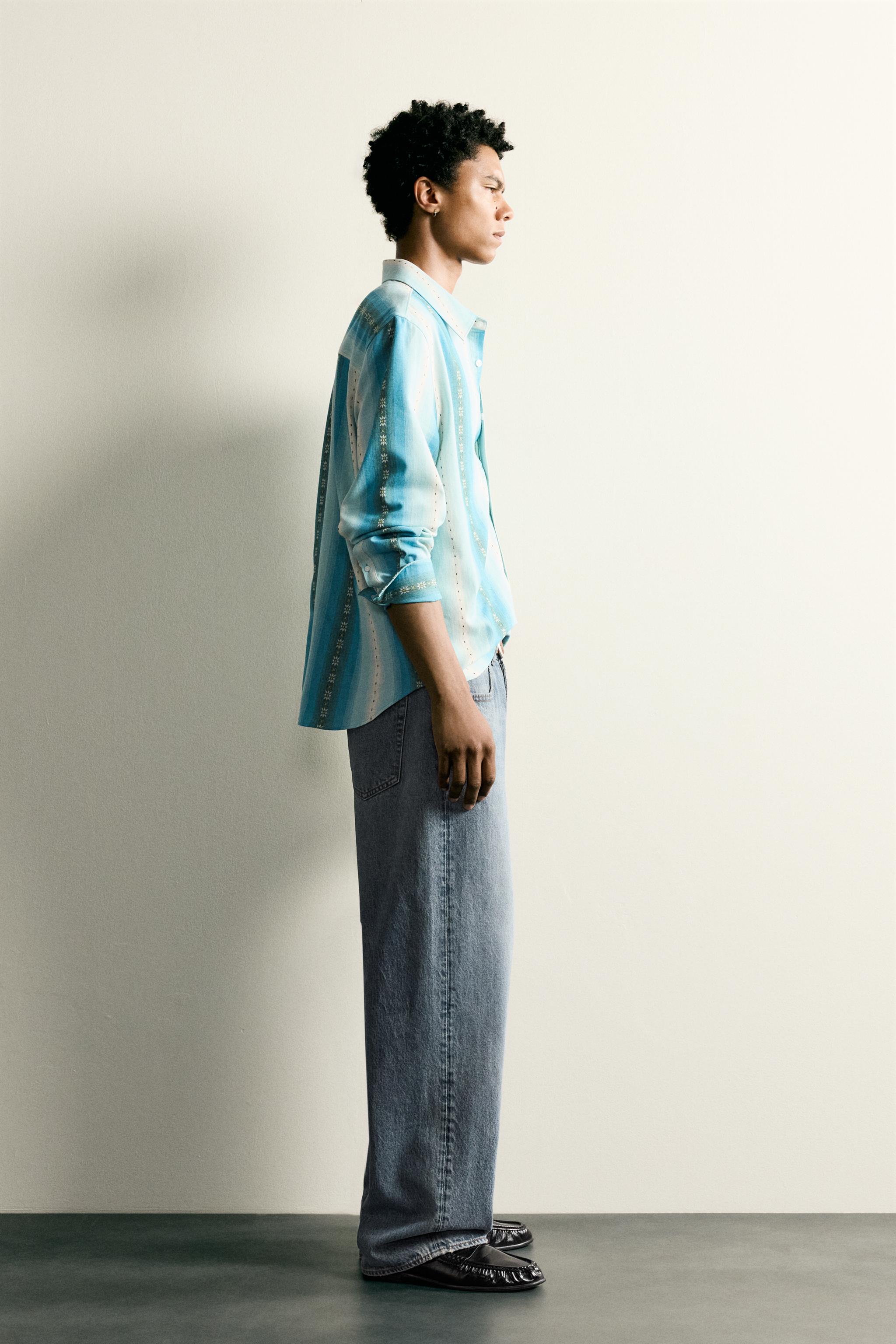 ストライプ柄ジャカードリラックスフィットシャツ - ブルー | ZARA