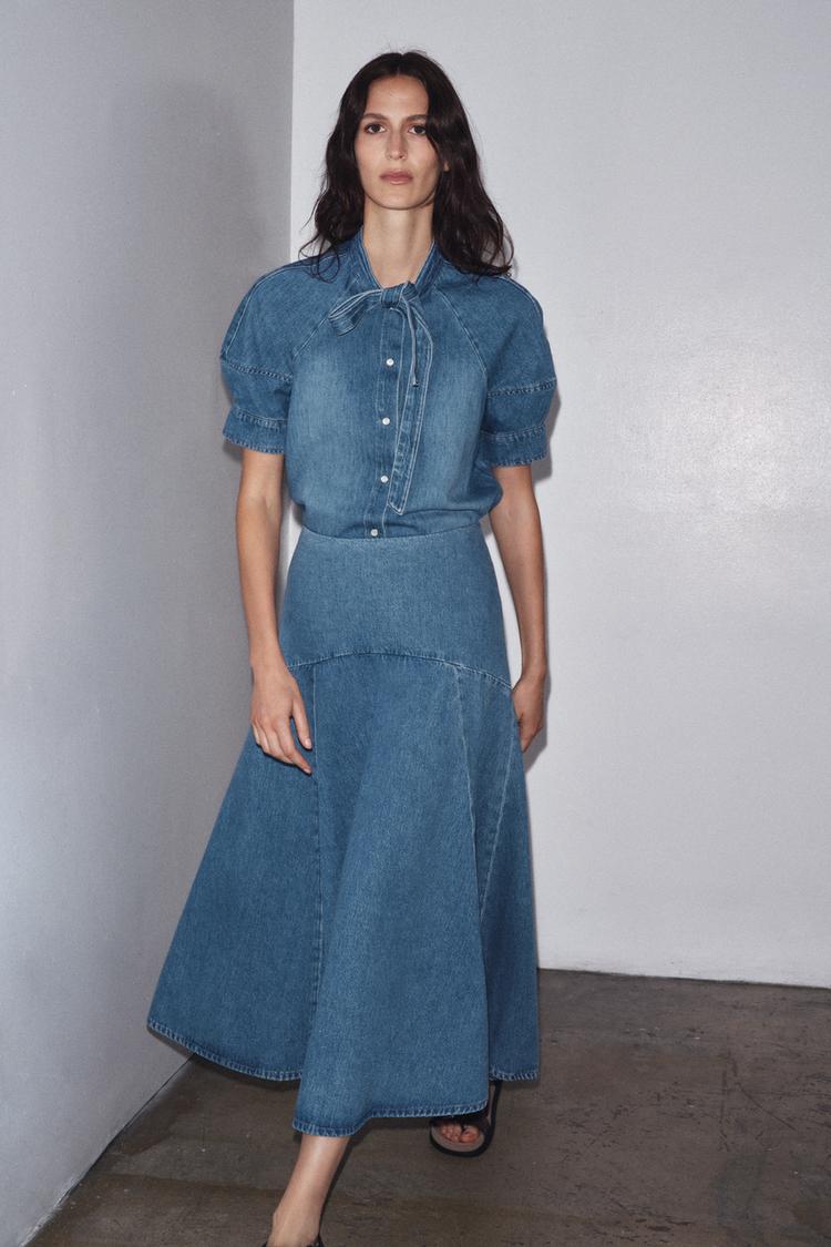 Long Sleeve Short Sleeve Denim Dress Zara ZW COLLECTION DENIM MIDI