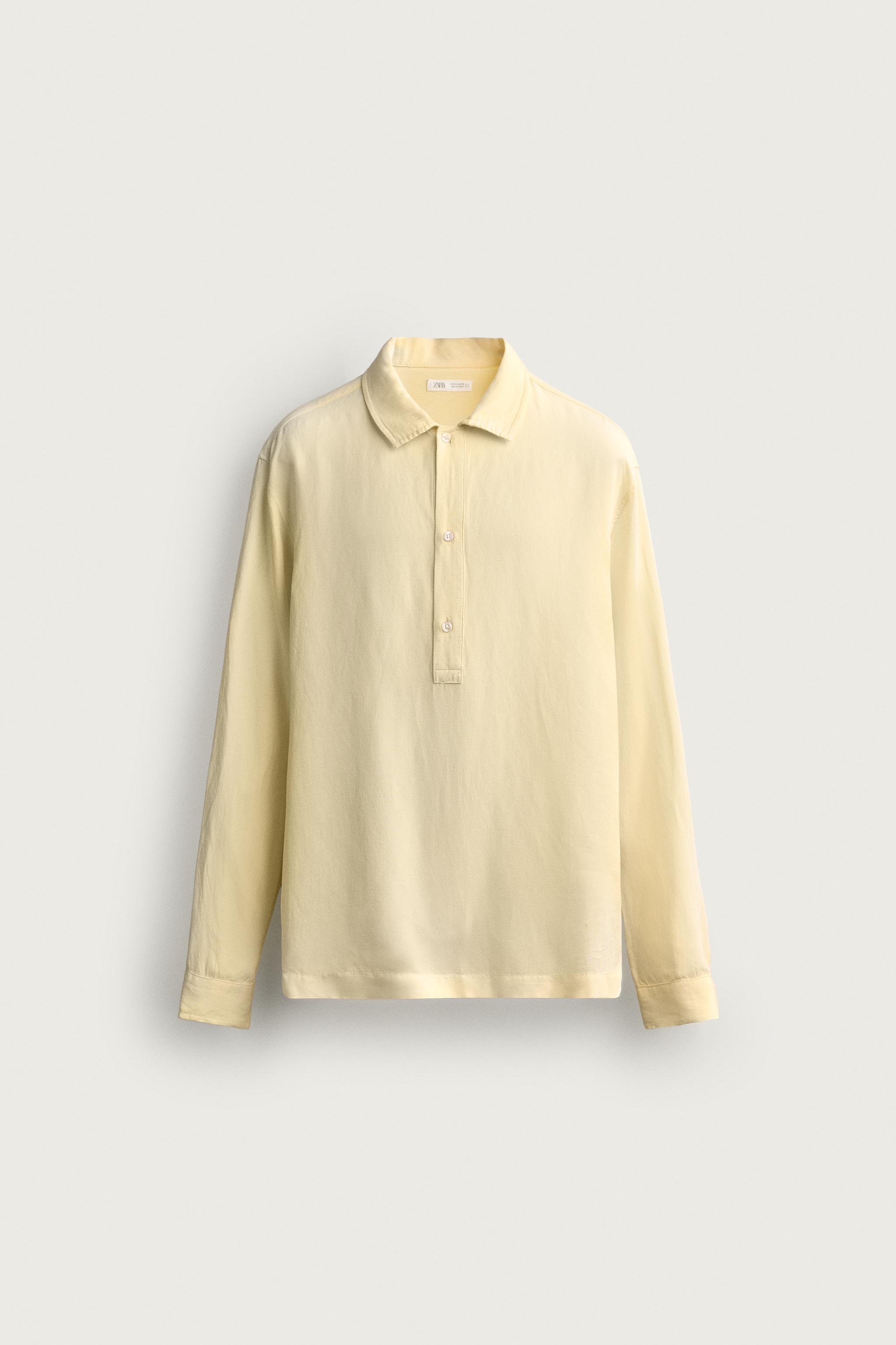 REGULAR FIT VISCOSE-LINEN POLO SHIRT — Light yellow
