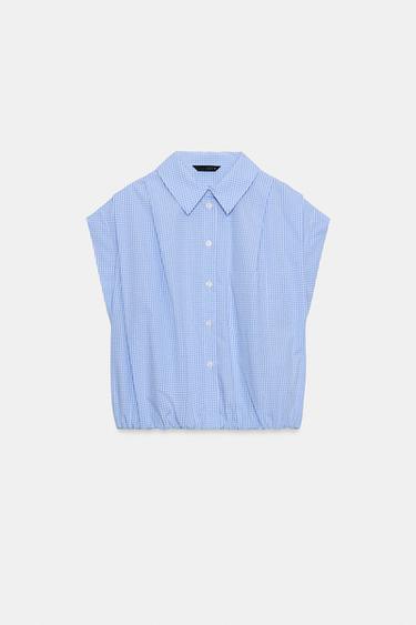 Zara BALLOON CROPPED SHIRT - Blue / White