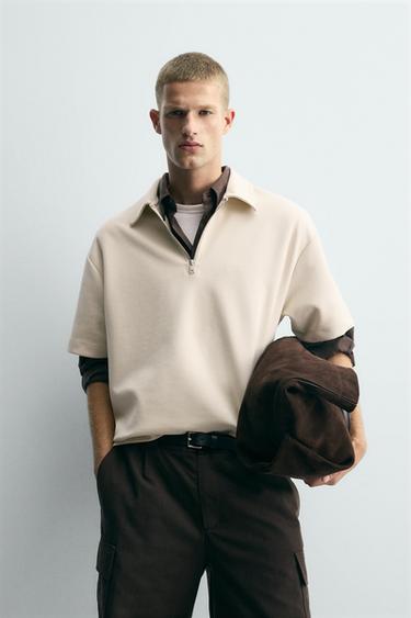 QUARTER ZIP POLO SHIRT - Stone by Zara